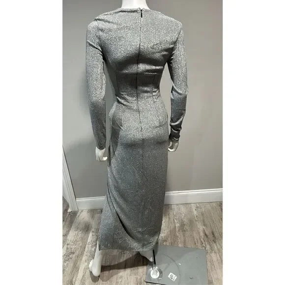 Alexis Admor Cutout Silver Ruched Shimmer Gown Size Small - Picture 7 of 10